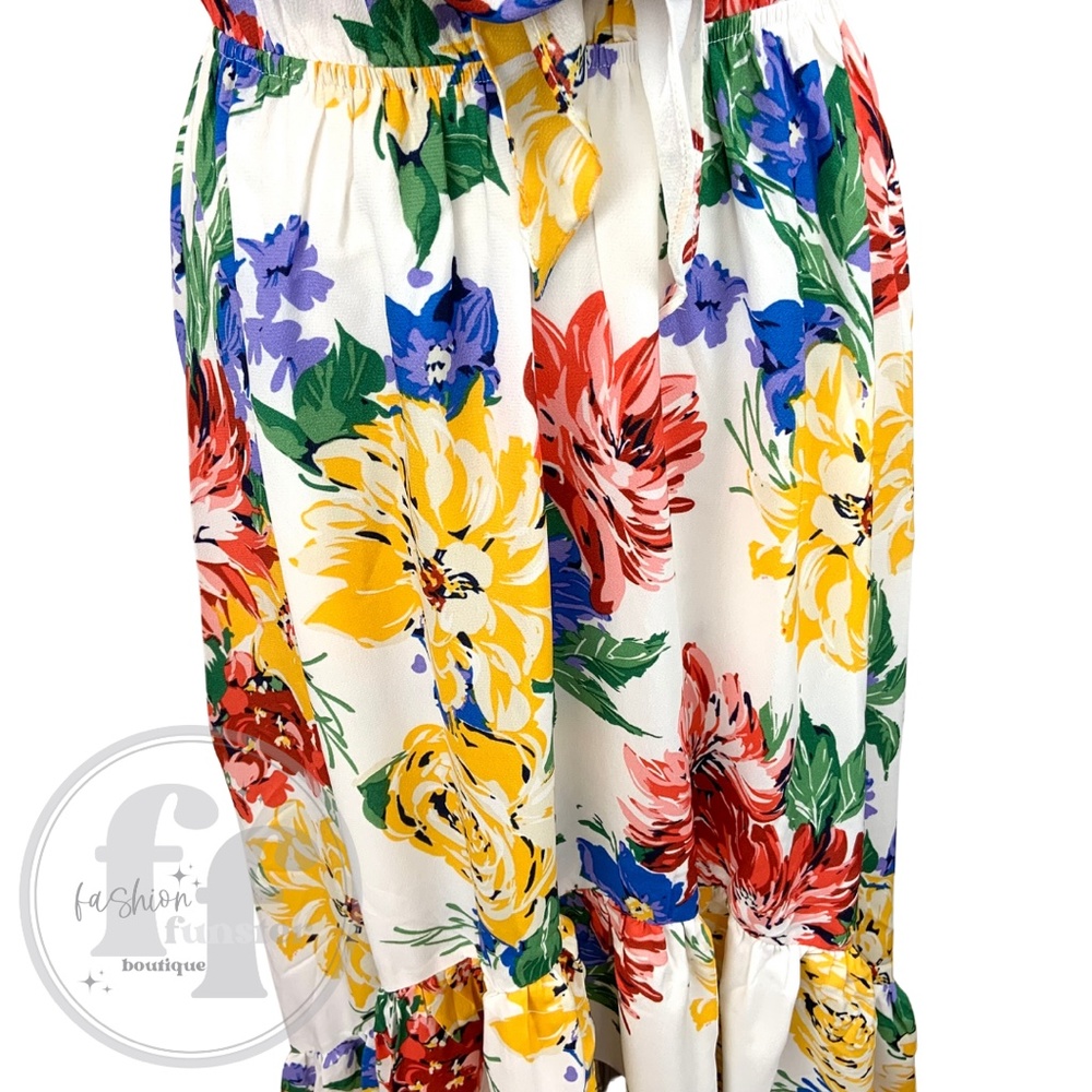 Gigio Rainbow Pop Art Floral Print Ruffle Bow Scarf Bodice High Low Maxi Dress - Picture 7 of 9
